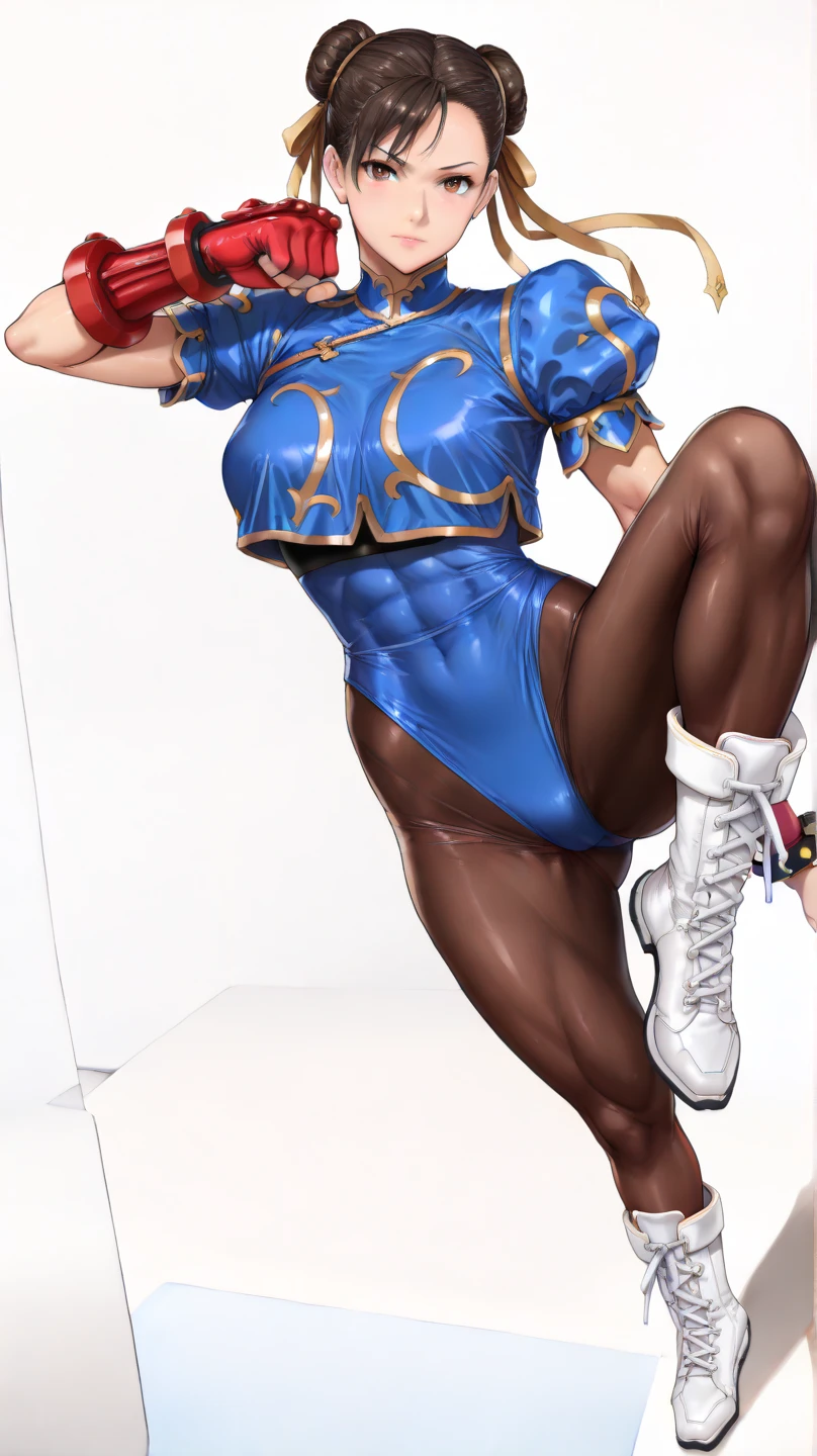 1980s Aerobics Style、High leg leotard、Colored tights、Vivid Color、sneakers、Detailed picture、girl、25-year-old woman、Dynamic and lively pose、Crotch line、Erect nipples