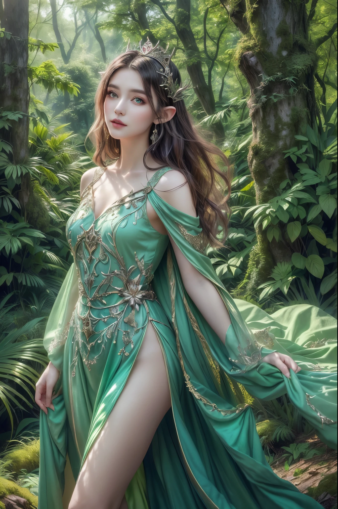 -Location: Encontrado em uma exuberante floresta encantada.
- Cor da pele: pale, radiante, reflecting filtered light through the treetops.
- Cor dos olhos: Brilhante e misterioso, em tons de azul profundo, Verde esmeralda, ou prata cintilante.
-Cabelo: Longo e sedoso, como fios de seda iluminados por raios solares filtrados pelas folhas da floresta. Pode ser prateado como o luar, dourado como raios de sol matinais, or verdant like the leaves of trees.
-Roupa: Adornado em fino, leve, tecidos fluidos, em harmonia com a natureza circundante. Seu traje consiste em tons suaves e naturais, como verdes profundos, azuis serenos, or ethereal whites. Clothes can be decorated with leaf patterns, flor, ou detalhes delicados, complementando as belezas naturais da floresta.
-Ouvidos: Possui orelhas alongadas e pontiagudas, a distinctive feature that shows his elven nature.
-Habilidades: Endowed with magical abilities that flow in perfect harmony with the energy of the forest. Ela domina a arte do tiro com arco, moving gracefully among trees and hitting targets with impressive precision.
-Personalidade: wise and serene, The elf is in tune with nature. She is a protector of animals and plants, dedicated to the preservation of the forest and the ecological balance. His presence radiates an aura of tranquility and age-old wisdom.
-Habitat: Ela reside nos recantos secretos da floresta, in communion with the natural elements around you. Clear streams, majestic trees, and forest wildlife are their constant companions.