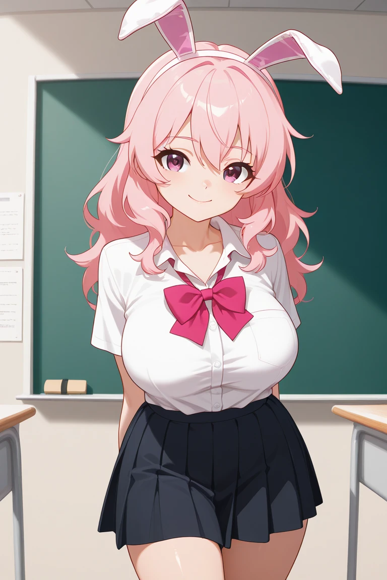1 girl ,Loli, school uniform, black pantyhose , smile, thin legs, class room , Big boobs, unbuttoned shirt,marked , firm ,face of excitement, very short mini skirt