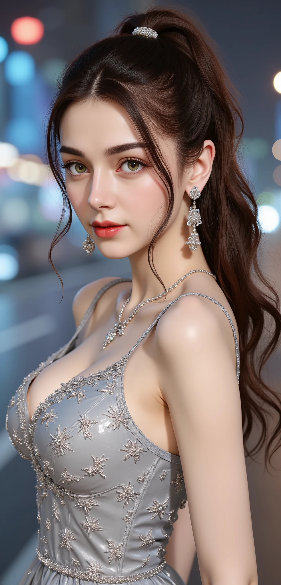 Rinoa, espanador azul, pulseiras azuis, meio corpo, sorriso, segurando colar, incomparable masterpiece, ultra realista 8k cg, arte perfeita, postura sedutora, pose sexy, atraente, limpar, Rosto bonito, Rosto puro, pale skin, detalhe intrincado, prestige, maravilhoso, luxo, fancy ballroom