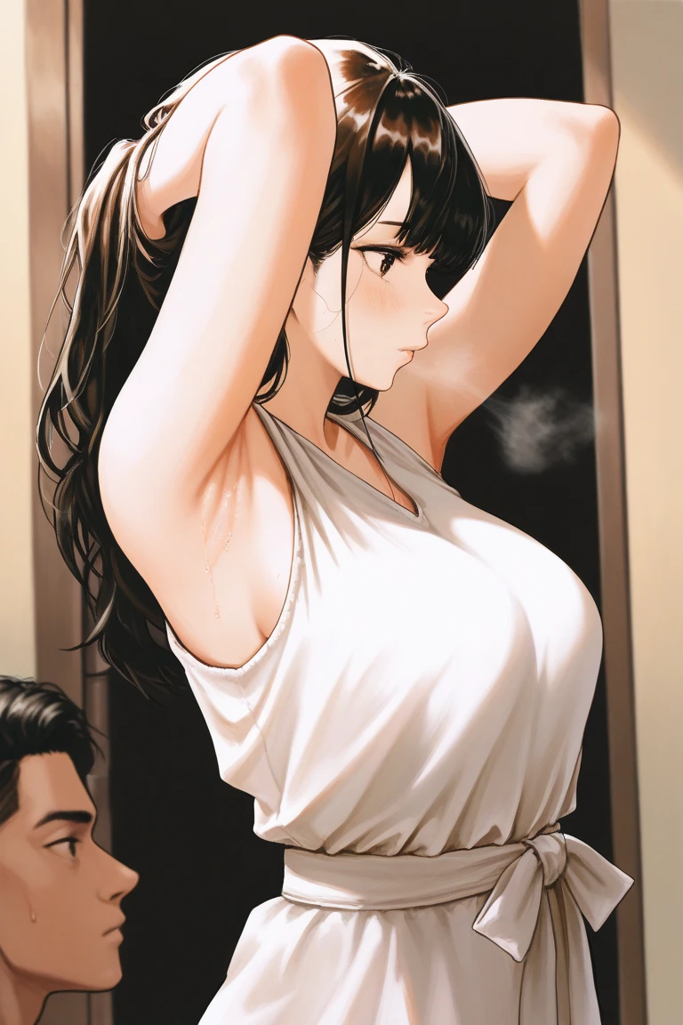 1 milf, ponytail hair, smiling, wearing a white tank top, wearing glasses, peeking out from behind the wall, white background