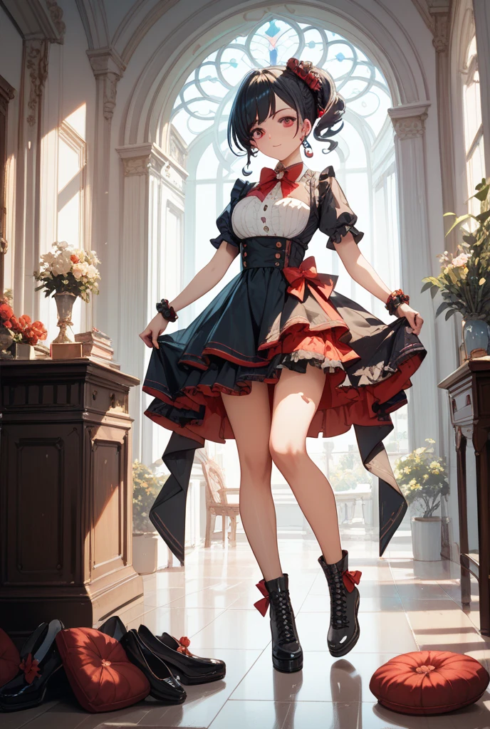 ((Biologically correct limb count)),(( From head to toe,Full-body photo including face)),4K,((Standing position)),masterpiece,((Focus on the face)),((Symmetrical facial features)),Eyes with detailed description,Beautiful woman,Great style,Beautiful arms,Beautiful legs,Beautiful Hands,(Small Ass,Thin thighs),Detailed depiction of the face,Small earrings,necklace,(Latex clothing,mini skirt((High heels,Patterned fishnet stockings))),Realistic photo,Short Hair,Stand at an angle,Meeting,Alluring