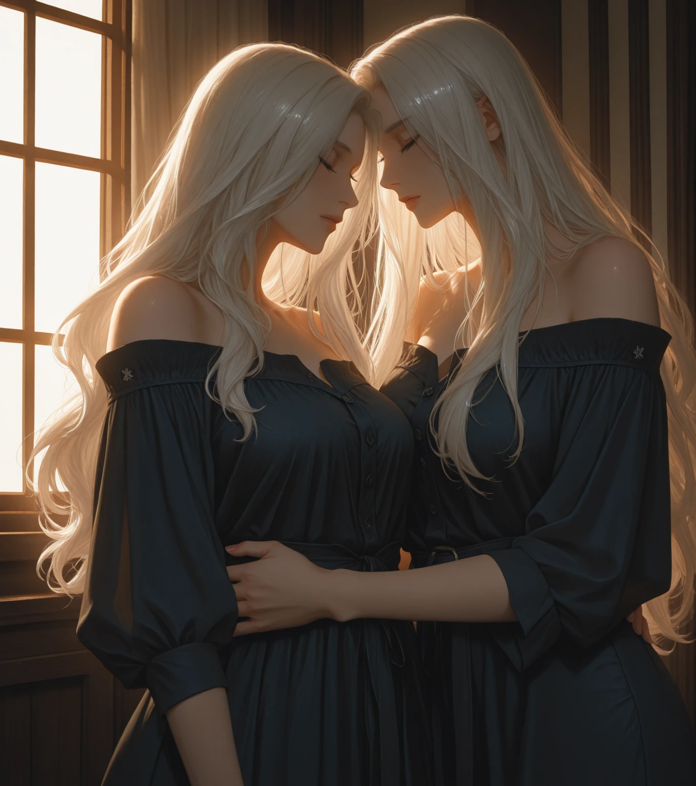 ((Best quality)), ((masterpiece)), (detailed), ((perfect face)), ((half of the body)) perfect proportions, they are a couple of vampires, they are both 18 years old, she loves each other, They kiss, they both wear light clothes, he has long white hair,   bedroom background, ((perfect face)) Whole body+ , 