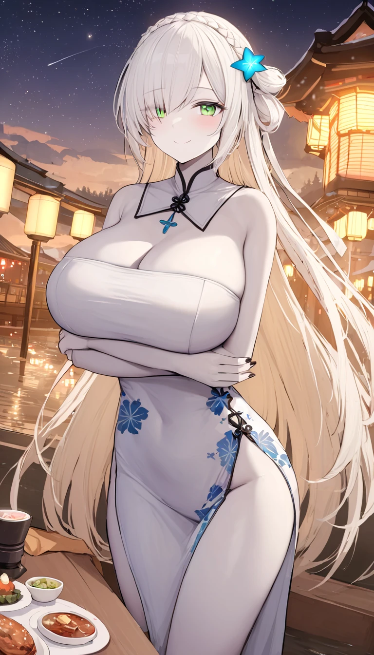 (masterpiece, high quality, high detail, 4k, rtx, high resolution:1.2),blue_streaked_hair,hair_over_one_eye, blue_eyes,very long hair,braid,white hair_ornament,white skin,black nail_polish,aged_down, solo,1girl, aerial_fireworks, architecture, aurora, bridge, building, city_lights, cityscape, cloud, constellation, crescent_moon, earth_(planet), east_asian_architecture, festival, fireflies, fireworks, flower, fountain, full_moon, galaxy, hair_ornament, horizon,(black dress, china_dress, sexy pose:1.2),huge breasts,lantern, light_particles, looking_at_viewer, milky_way, moon, moonlight, night, night_sky, obi, onsen, outdoors, paper_lantern, planet, reflection, sash, shooting_star, sky, skyline, skyscraper, smile, snow, snowing, solo, space, sparkle, standing, star_(sky), star_(symbol), starry_background, starry_sky, starry_sky_print, summer_festival, sunrise, tanzaku, telescope, torii, tower, twilight,wading, water,arms behind back,finger polish
