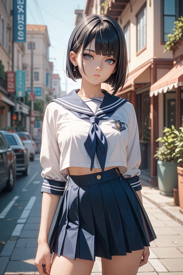 Masterpiece, highest quality, highly detailed, high resolution, expensive solution, high resolution, 4k, 8k, Unity 8k wallpaper, highly detailed CG, masterpiece, 2d, 3d, beautiful details, depth, fine texture, highest quality: 1.3, total concentration, transparent skin, him, very cute anime girl, expensive brown short hair, one girl, high school sailor uniform, rain-soaked and see-through sailor uniform, sidewalk on the way home from school, heavy rain was falling and she was soaking wet. The sailor uniform was see-through, her hair was soaking wet, a little troubled face, whole body, sidewalk on the way home from school, heavy rain, mole under the eye, gaze, expensive, blush, parted lips, heart, pink eyes, choker