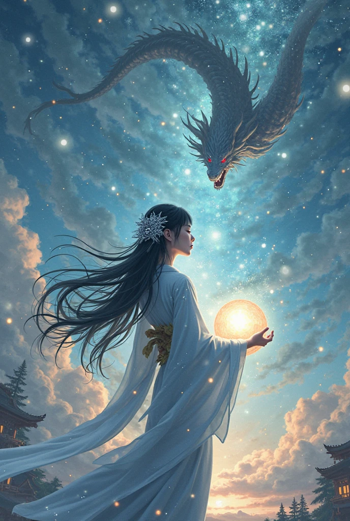 A mesmerizing painting capturing the essence of solitude, featuring a solitary figure seated on a rocky outcrop, gazing up at luminous moon and dragons. The sky is a breathtaking blend of colors, with the moon's presence dominating the scene, reflecting on the lake below, casting a gentle glow on the figure and the serene lake below. The muted tones create an aura of calm and melancholy. Abstract elements and whimsical touches, depth, , style of Ghibli, painting, poster