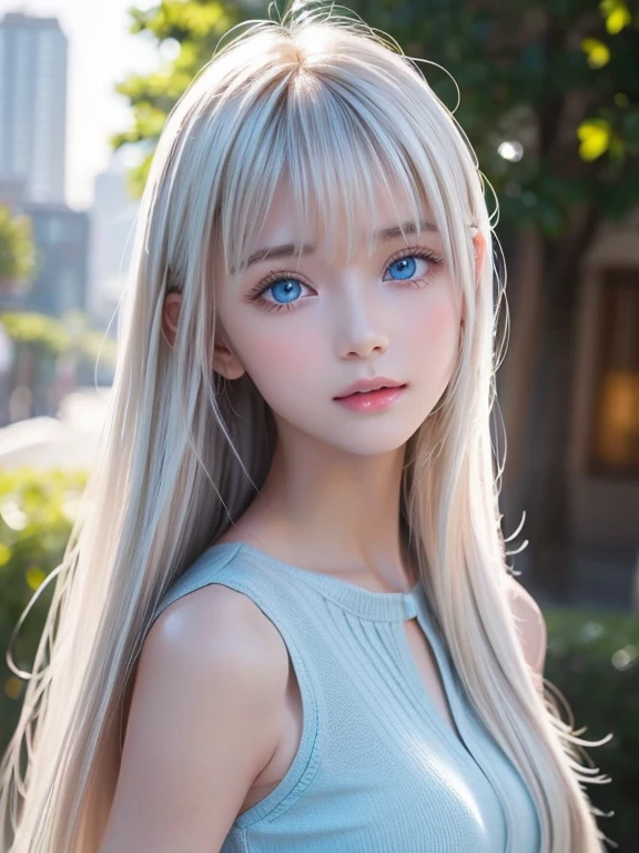 Shiny platinum blonde silk super long straight hair, beautiful shiny bangs, big clear sky blue eyes, very beautiful bright eye highlights, Embarrassing, Blushing