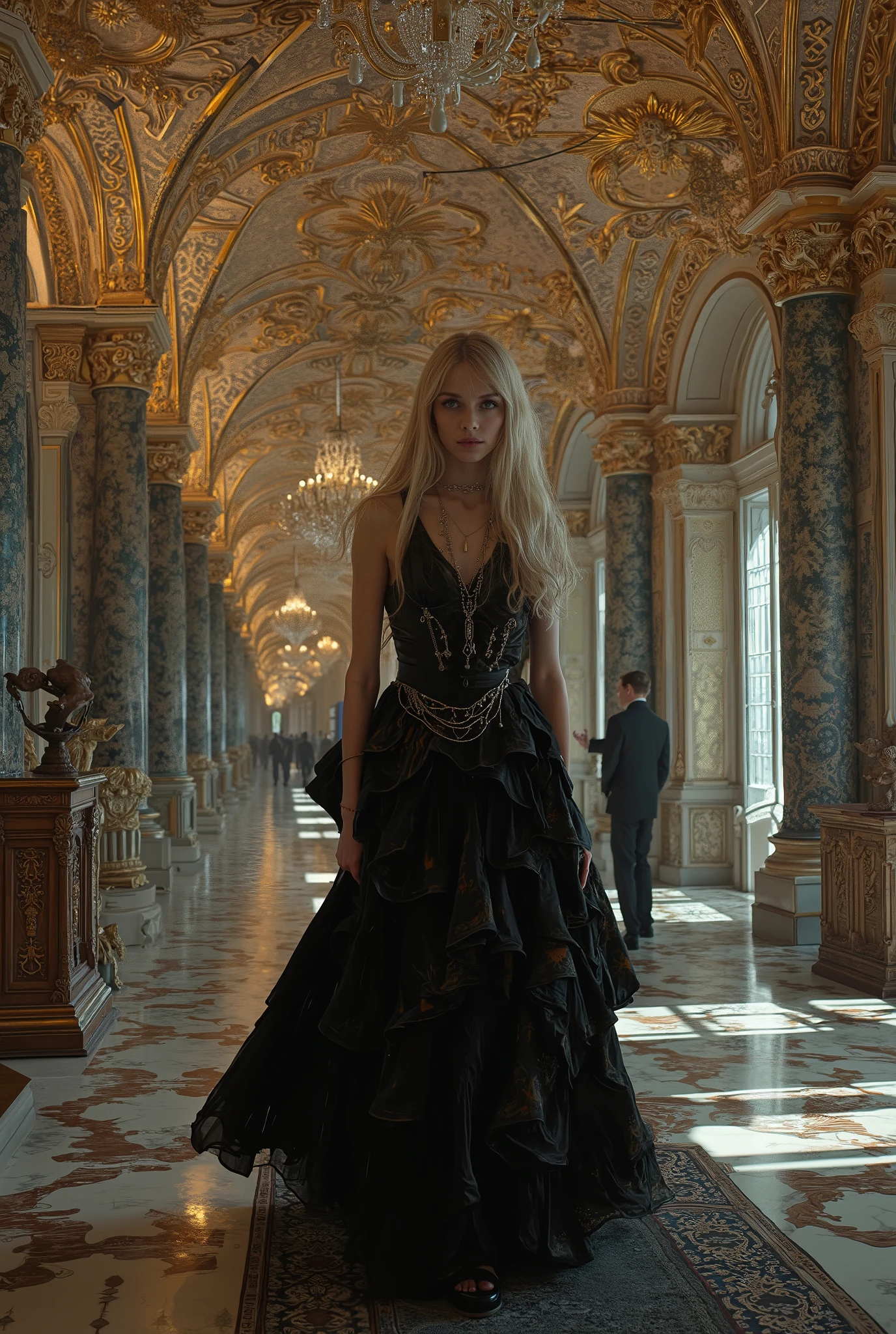 young complicated woman in the royal palace, Wide-angle lens/2.8, Ultra High Resolution Complex Textures, Texture Indentation, The perfect perspective, Perfect Geometry, Ultra Crazy Ambient Lighting , Super Crazy Ambient Shadows, Luminism, super detailed busy background , tessellation, maximalism , Perfectionism, An IPA Award-Winning Masterpiece,