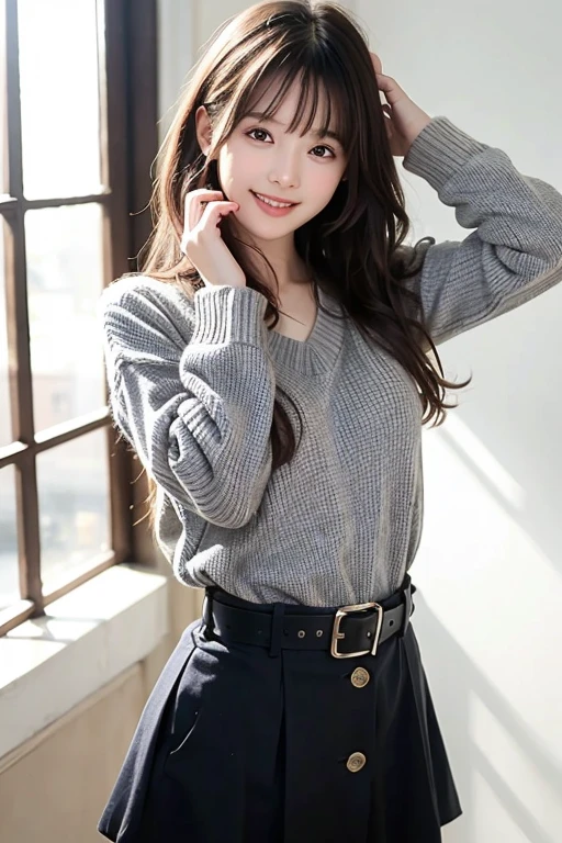 (8KHigh resolution), (Highest quality), (RAW Image Quality),(Tabletop:1.2), (Realistic), (Realistic:1.37), Face like goose eggs,Japanese white-eye,Long eyelashes,Exquisite（Live-action Realistic style）,((Cowboy Shot:1.4))、The ultimate face,Realistic light and shadow,Distinctive facial features,Milky skin,Fair skin, Skin with attention to detail,Realistic skin details,Visible pores,（Very detailed）,((Long Hair Woman:1.5)), （Flowing Hair）,Taking the best portrait,Close-range shooting,Very detailed, One person, cute,Beautiful and beautiful eyes, Beautiful and sophisticated nose, Very detailed肌,whole body ,(eye contact)、(Beautiful face with double eyelids),((whole body image)), (realism: 1.4),High resolution, Great details, ultra High resolution, (Give your best smile to the audience), , Favorite Details, High condensation,Delicate and beautiful face,,,(Beautiful Face 1.4),thin, ((High-necked peach-colored long knit sweater:1.4))、((A grey checkered pleated skirt that accentuates the thighs:1.4)),((Do not slip the hem of the sweater inside the skirt、Long sleeve:1.2)),((Life:1.7)),Photos taken indoors,(This is a whole body shot.),The color of the sweater is random,Skirt color is random、((Smile:1.5))、