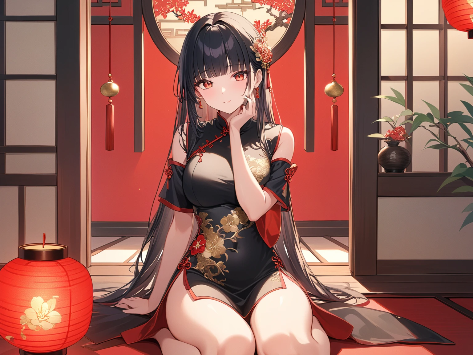 red cheongsam,Busty beauty with long black hair,Erotic