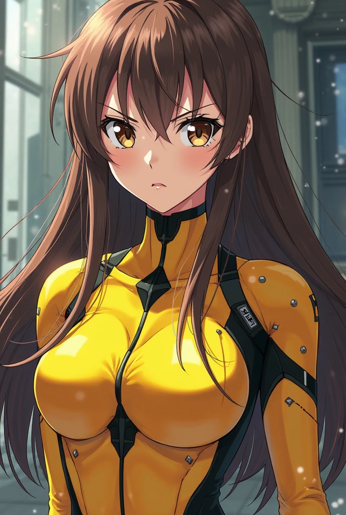 (best quality,ultra-detailed,realistic:1.37),HDR,UHD,studio lighting,1girl,professional,vivid colors,bokeh,portrait,red wine hair,dark red hair,beautiful detailed yellow eyes,very long hair,pale skin,curvaceous,concrete,shadow,dark atmosphere,aviator outfit,pretty, delicate features, long lashes, big lips, beautiful, straight hair, yellow suit, sci fi suit, futuristic suit