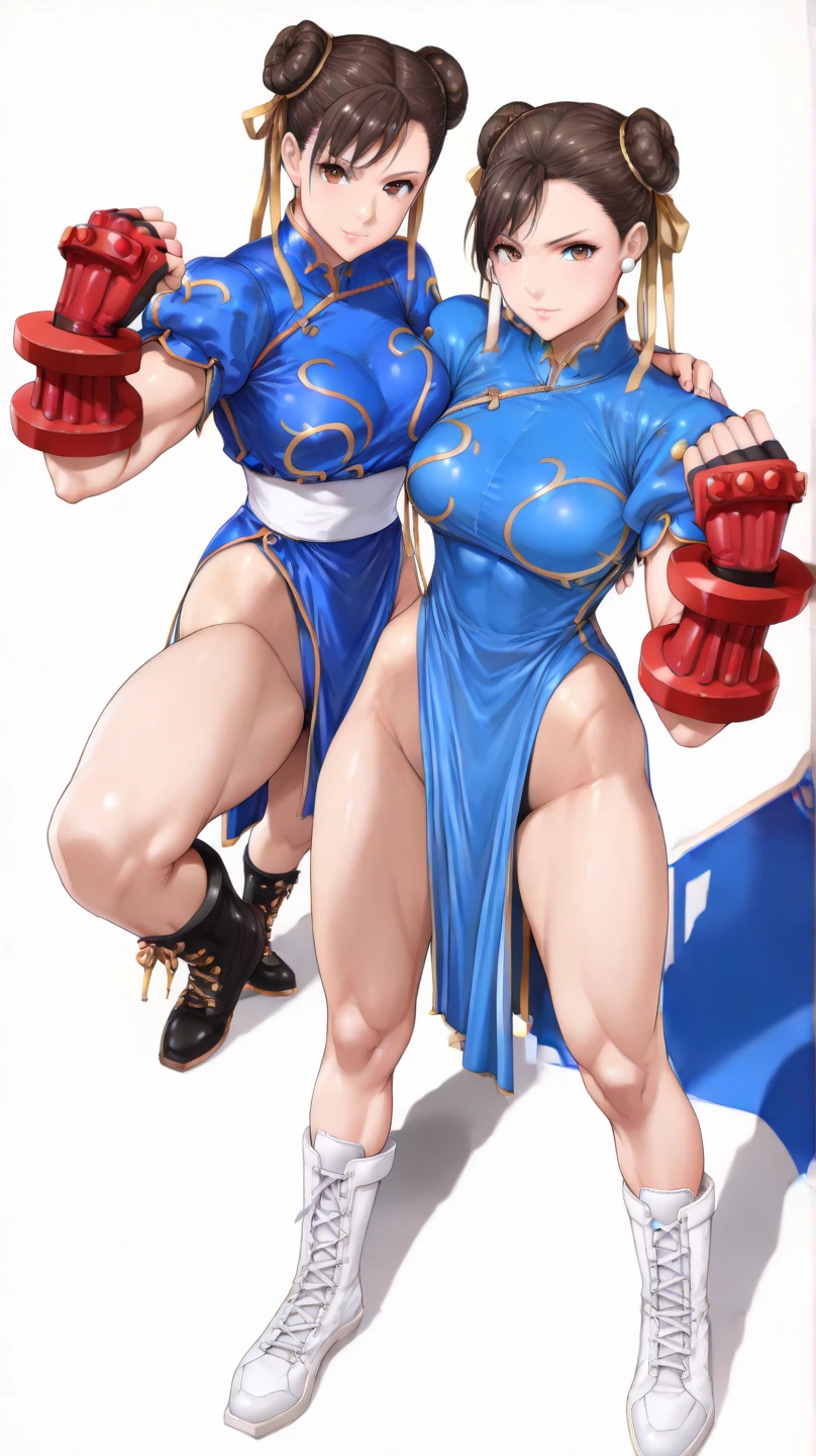 Crie uma Chun-Li ao lado de uma Cammy, de Street Fighter 2, 20 year old with full breasts, 80 year old grandma, young woman, very big and round ass, lightly muscular style, Chun-li wearing the classic uniform