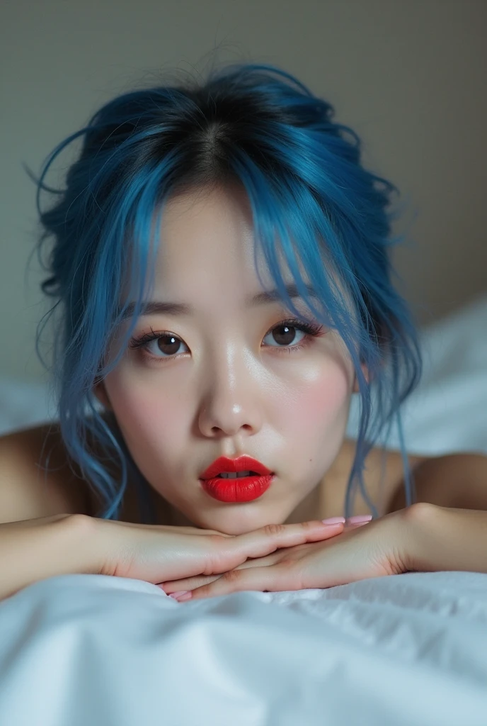 "A mermaid bound by red tentacles, lying on the bed with an aroused face. Mermaids have long dark blue hair., wearing a crown adorned with blue jewels, and a beautiful turquoise green scaled dress. The skin is bright and shiny with a little moisture, showing the tension between the tentacles wrapped around his body. The expression on his face showed a mix of pleasure and tension., with big eyes and lips slightly open as a tentacle enters his mouth. The background is a soft mattress with gray pillows. The whole body."