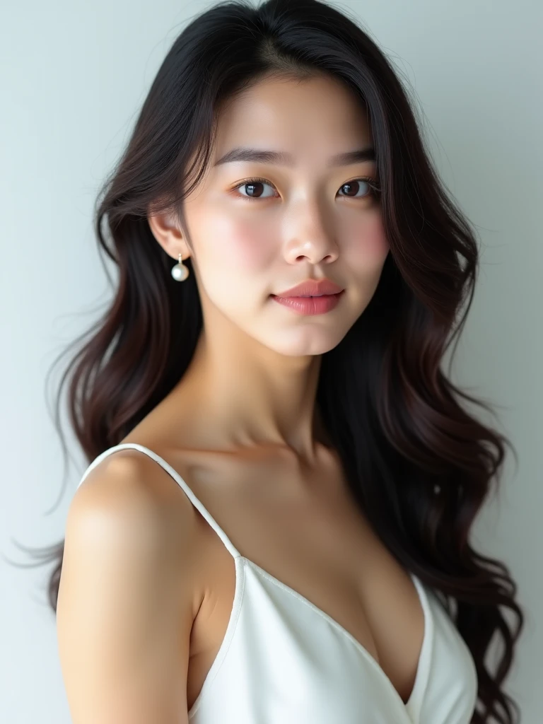 Create a head of an Asian beauty with long hair，Dress conservatively，Picture top-down，Touching the hair on the top of the head with both hands，Back，，The characters are realistic and realistic，Pure white background，Showing the character&#39;s hair，9:16 frames，Ultra-high-definition picture quality