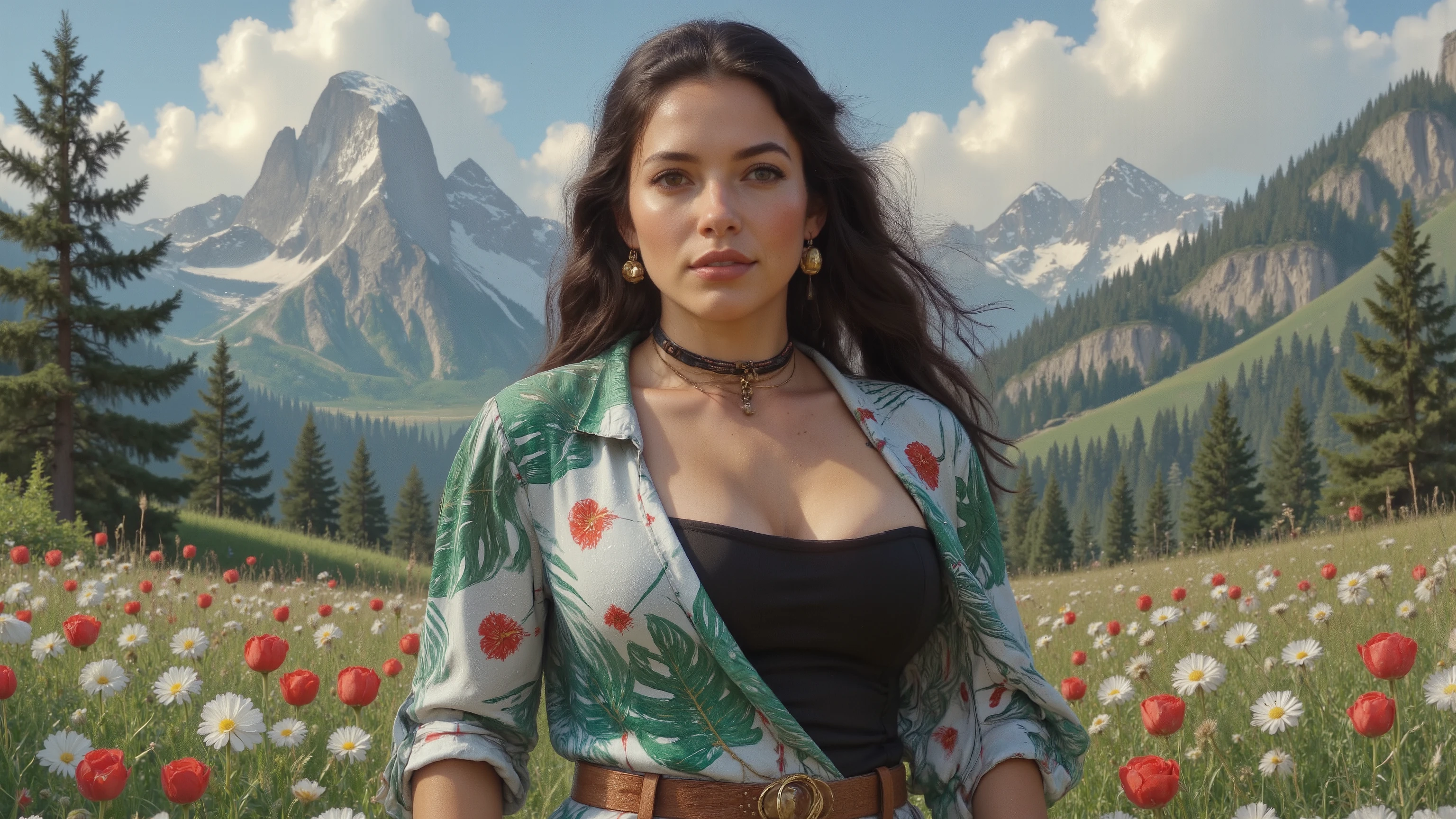 Full body photo, from head to toes, of a gorgeous young woman, muscular and voluptuous. She's posing on a flower field at the Alps. Her very long hair is beautifully styled. She has muscular thick thighs, wide hips, perky fit plump ass, slender waist, highly defined body features, highly defined muscles, (huge, swollen, milky breasts). She has extremely detailed realistic natural skin with skin pores, skin indentation, shiny skin, perfect skin, perfect face, perfect hands, perfect eyes, perfect feet, ultra detailed body, ultra detailed face and eyes, ultra detailed feet, desire, provocative, excitement. She wears a sexy spring themed full dresswear set - a mountain uniform, styled mountain footwear and rich intricate jewellery: a slave collar with a cowbell, bracelets, armlets, earrings and rings. It's a windy spring day. Painstaking attention for details. blue sky, nature, panorama, landscape, harsh sun and shadows, ray tracing, UHD, HDR, 16K, DSLR, photorealistic, masterpiece, award-winning.