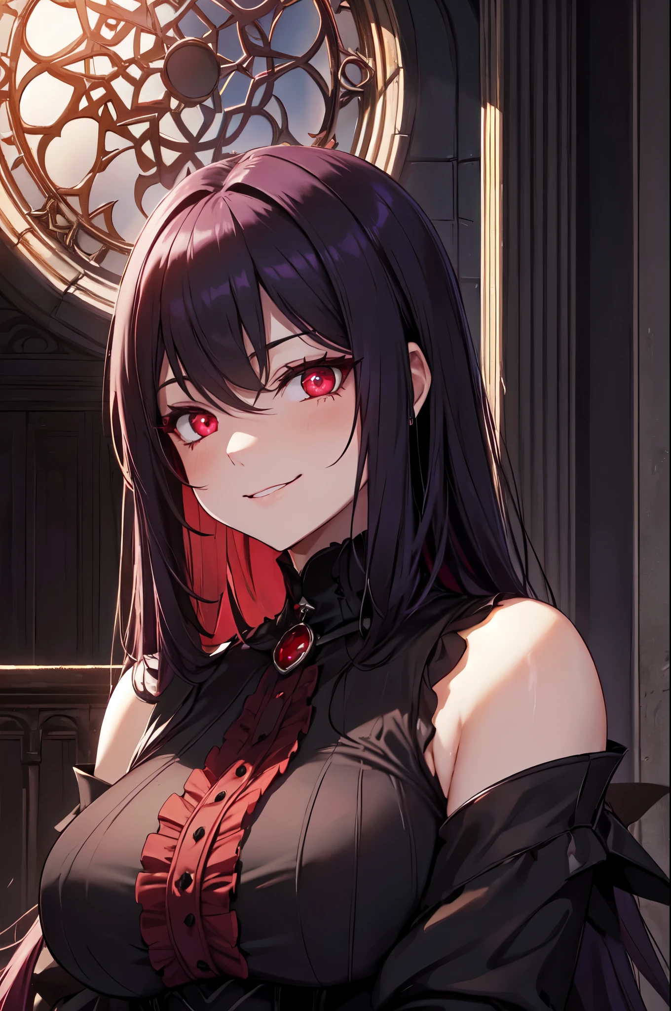 (High quality, High resolution, Fine details), dark fantasy, gothic medieval castle, a dark queen in a dark castle, Red and black lace dress, solo, curvy adult women, (Glowing red eyes:1.2), (Detailed eyes:1.2), grin, Sweat, Oily skin, dramatic lighting, dramatic shadows, moody atmosphere, cinematic, Soft tones, shallow depth of field