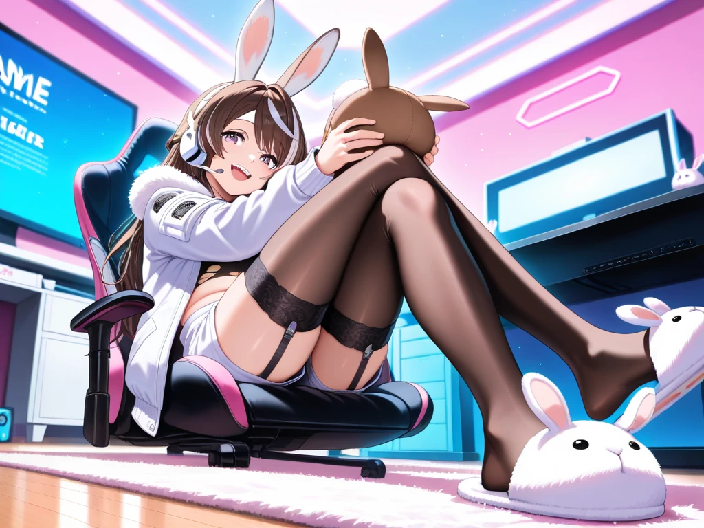 (High Definition CG unity 8K Wallpaper), (The finest Guo(masutepiece, of the highest quality, Kyoto Animation Style Illustration, of the highest quality, Official art, aesthetics, Beautiful details, :1. 2), Break HA, BREAK,girl, Cute, Cheerful, Loli face, grimace,Black hair,a short bob,tareme, gleaming skin, Hugging a stuffed rabbit,Playboy Bunny, Glossy dark blue school swimsuit, High socks with pink and yellow stripes,Pink Bunny Years Hair Band, Computer operation while eating carrots,break,a desk,Desktop computer on desk,Illustration of cat ear maid on computer monitor,
(school background,Computer room:1.2),
Ridiculous resolution, Ultra-detailed, Best Quality