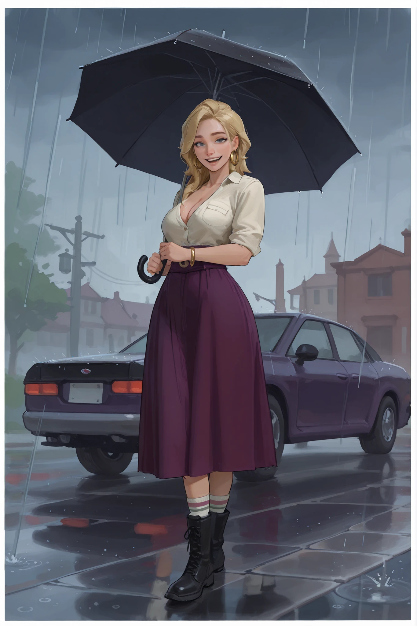 score_9, score_8_up, score_7_up, score_6_up, score_5_up, score_4_up,
BREAK
(masterpiece: 1.0), best quality, perfect anatomy, perfect composition, perfection, Realistic proportions, realistic anatomy,
BREAK
use of shape theory, use of anatomy, defined body, defined textures, defined fabric folds.
BREAK
Elegant, graceful, amazing anatomy, perfect form, perfect face, perfect hands, correct anatomy, high res, absolutely breathtaking, color variance, color tones, color contrast, kinu nishimura
BREAK
, amugea , 1girl , hoop earrings , purple skirt , blonde hair , , jewelry , rain , umbrella , , motor vehicle , breasts , boots , smile , socks , long skirt , open mouth , cleavage , white border , black footwear , outdoors , black umbrella , car , shirt , standing , jacket , looking at viewer