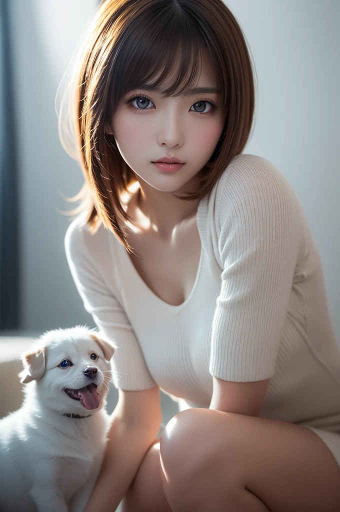 (in 8K, top-quality, a masterpiece of:1.2), (realisitic, Photorealsitic:1.37), ultra-detailliert, small tits、Skinny face、de pele branca、A Japanese Lady,cute little, Narrow slit eyes、Small eyes、Small, Narrow eyes、30-years old,独奏,Nasal blush、A smile、a closed mouth、tiny chest、Delicate body、Black eyes、beatiful detailed eyes、Single eyelid、poneyTail、A dark-haired 、short cut hair、fullllbody、Skinny Legs、see -through、White blouse