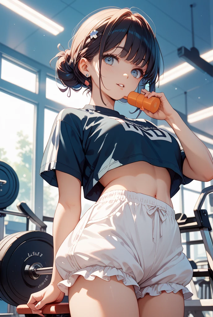 Gorgeous peach skinned woman with short brown hair, green eyes, white headphones, white hoodie, tight pink cheeky shorts, at the gym, wide hips, big thighs