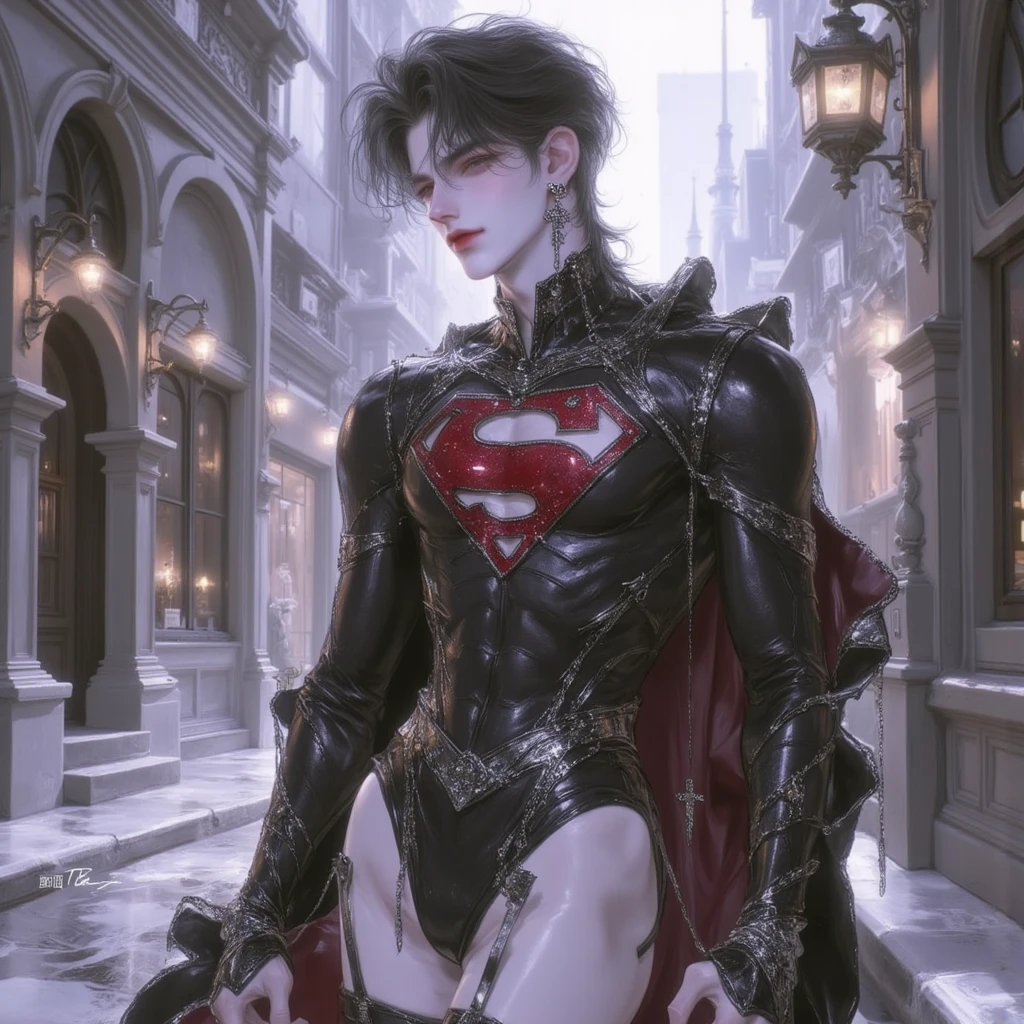 She is wearing a sexy, voluminous black and red cape on her naked body.、Beautiful gay man、Drowning in pleasure、Messy black hair、Disarrayed Cloak、A look of disarrayed pleasure