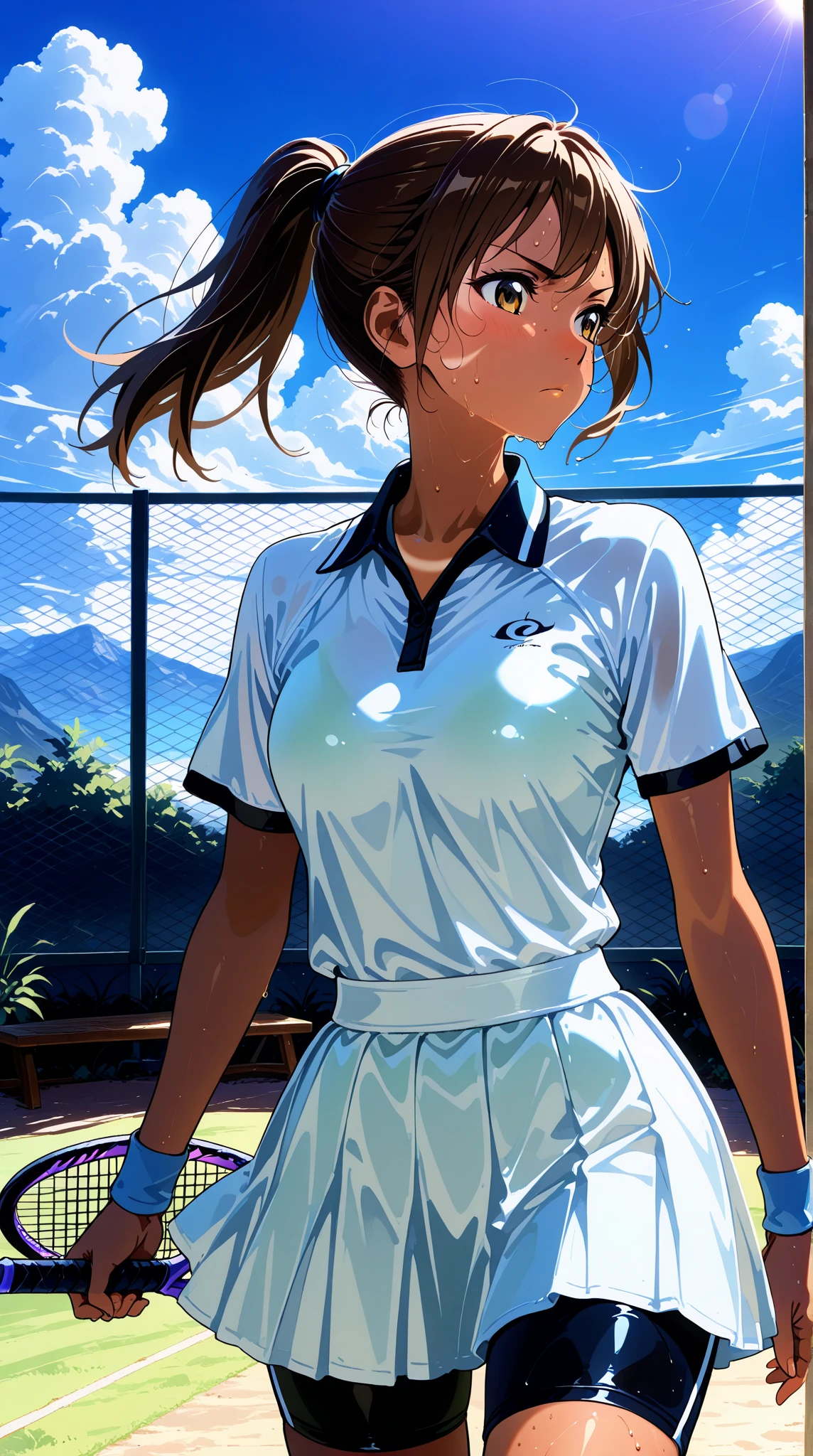 absurd, masterpiece, best quality, realistic, hyper-detailed, (shiny skin, sweaty:1.4), looking at viewer, slender, 1girl, solo, tennis wear, white polo shirt, white sneakers, white miniskirt, small breasts, (thick thighs:0.4), dynamic lighting, high resolution, sharp focus, depth of field, ponytail, black hair, blue eyes