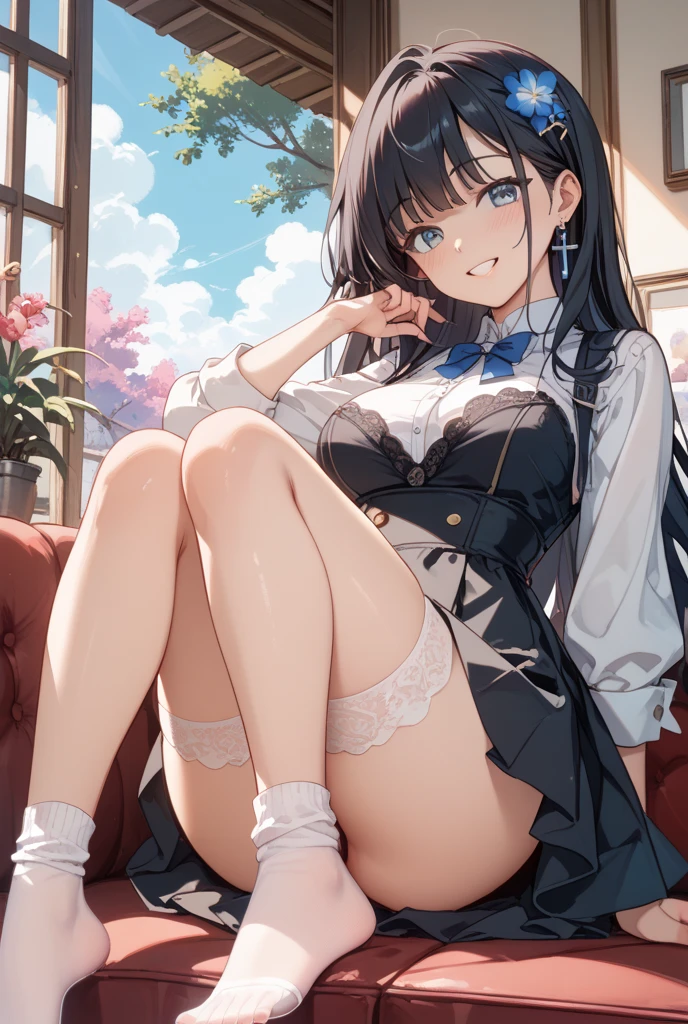 high quality,, 最high quality、 Stylish design, (((The most beautiful girl))), ((Thin legs))、(((最high quality))), High resolution, ((detailed)), ((masterpiece)), ((Super detailed)), 16-year-old girl、B girl fashion、Black Hair、Inner Color、((Sexual))