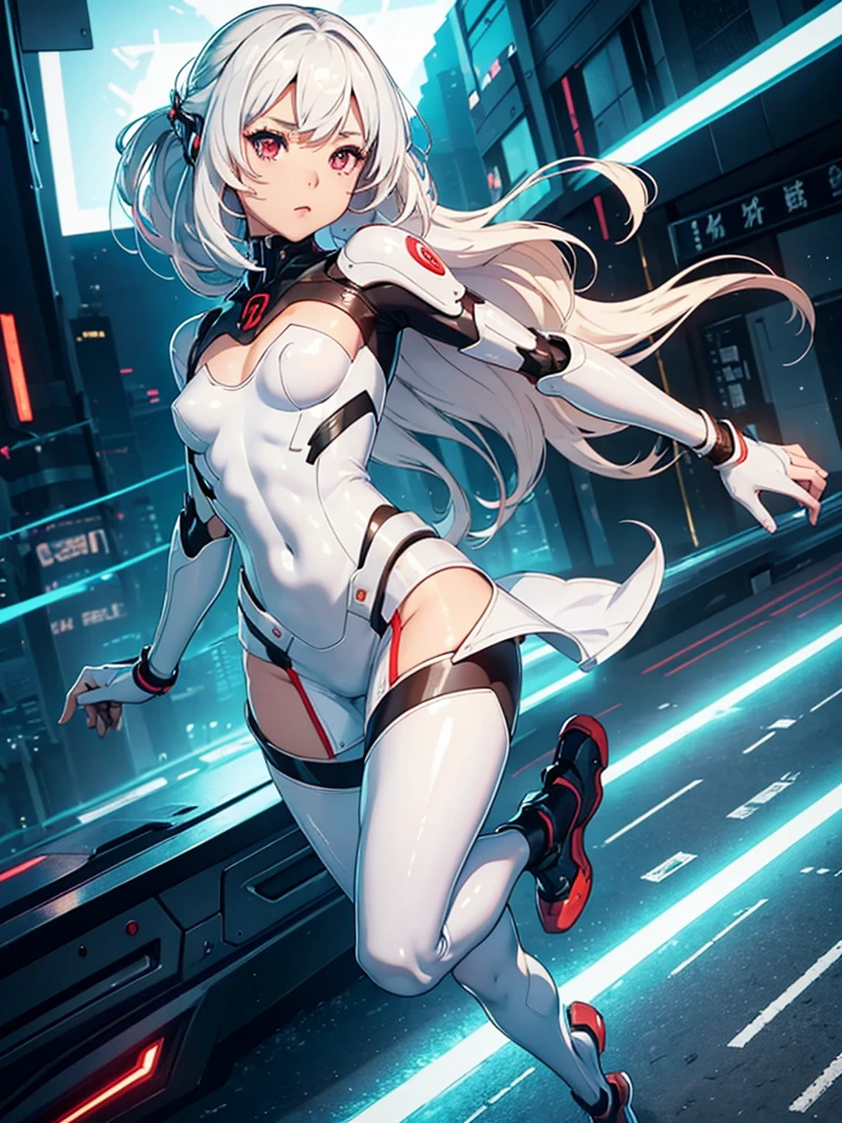 Cyberpunk White Hair Red Eyeliner 02 Red Tights Mecha Pilot