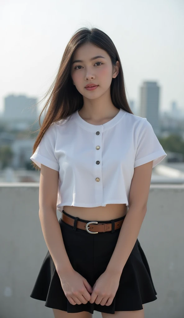 Sexy lady using a skirt and see through shirt on her house