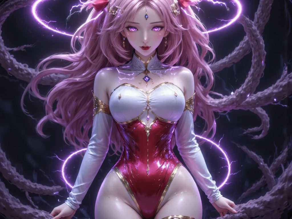 Korean, portrait of a girl, (raw photo: 1.2), ((realistic photo: 1.4)), best quality, masterpiece, illustration, an extremely delicate and beautiful, extremely detailed, CG, unity, 8k wallpaper, incredible, fine details, official art, extremely detailed 8k CG wallpaper, absurd, incredibly absurd, ultra detailed, highres, beautiful detailed girl, extremely detailed eyes and face, beautiful detailed eyes, light on face, cinematic lighting, ((extremely pink tight transparency dress clothes)), 1 girl, full body, full body shot, looking at the viewer, ((light pink hair)), red eyes, ((happiness)), best detailed background, ((cosplay)), (smile) very narrow waist and cleavage,young breasts, looking at the viewer, long ear, sensual posture