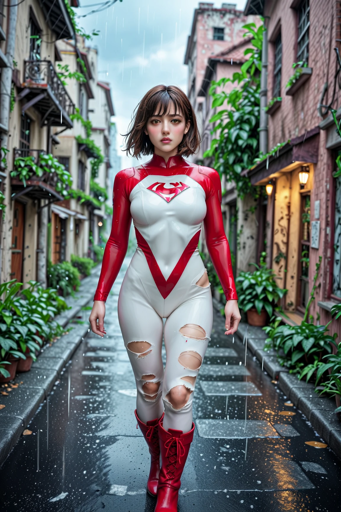 High resolution、8k、Beautiful Teenage Woman、1 female、Medium chest、Short black hair、(Shiny metallic)、(Metallic Mechanical Outfit)、White and red、((Superhero Outfits))、(The square in front of the building)、(sfighting stance)
