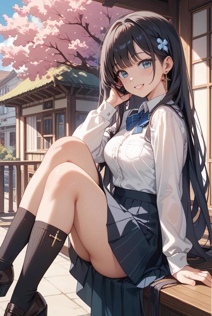 very cute and beautiful girl,(Very detailed美しい顔), (smile),blush,Black Hair,Seraphim,(White Shirt、Pleated navy blue pread your legs),Sitting、(From below),(Lacy white panties), Stairs in the park、Distant Tree々and the city, (Highest quality,masterpiece:1.0),Absurd,High resolution,Super detailed,Very detailed,32k,8K resolution, Intricate details,Movie Scenes,Detailed Background,alone,Dynamic Angle,