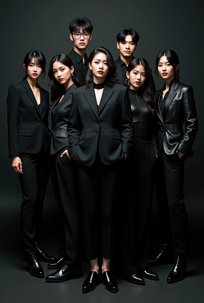 A close-up photo, ((A group of two middle-aged men and Japanese girls)), All standing, Looking at each other, In a large office, (All smiling), Highest Resolution, masterpiece, ((All the girls taking off their coats)), (The girls wearing earrings), Hair tied up, Bangs down, Double eyelids, (((All the girls are exposing small breasts and nipples))), the men wearing formal office suits, ((Choker))
