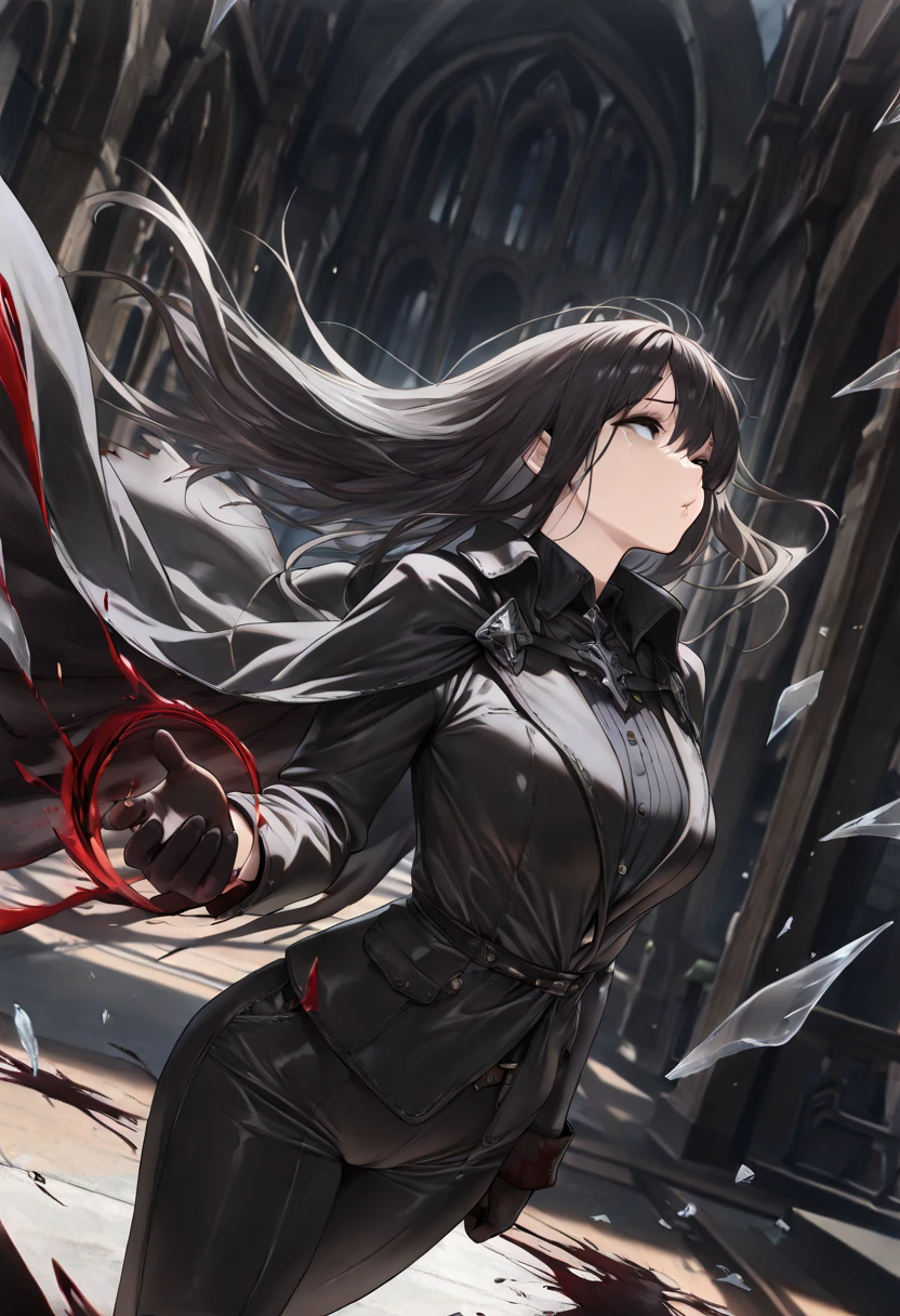beautiful woman in business suit, long black hair, black eyes, looking at viewer, red background with details supernatural, macabre, supernatural creatures, intricate details, hyperrealistic, 8k, octane render, chiaroscuro lighting, cinematic composition, dramatic atmosphere, digital art