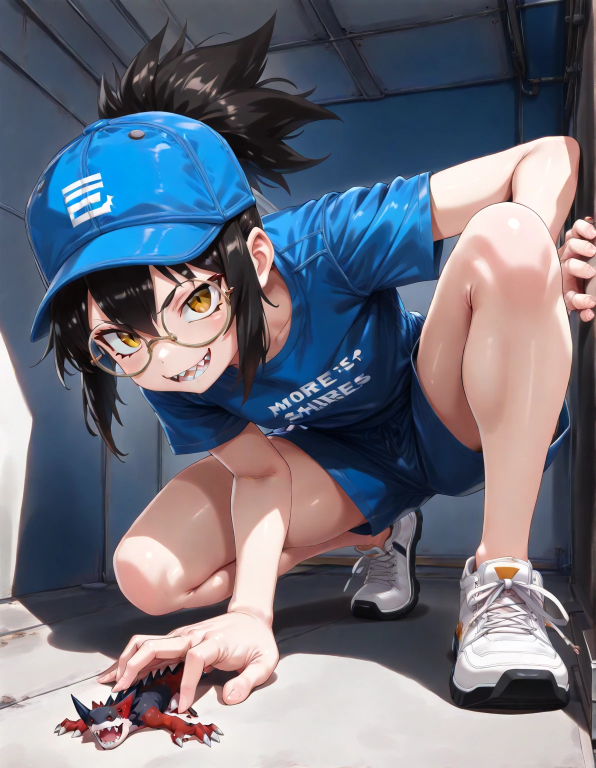 {masterpiece}、nsfw、1 female(Thick thighs、Big Ass、(Flat chest:1.5)、Black hair mixed with blue、Bob Hair、Purple eyes、22 years old、(older sister:1.3)、(Peeing on your own:1.6)、(Place your hands in front of your crotch:1.3)、(tights:1.3)、Short denim、(Short T-shirt)、(Belly button)、Red cheeks、tears、(Crying face:1.5)、Embarrassing)、whole body、(Not open:1.7)、Leaning forward、stand、Underground street、wants to pee、