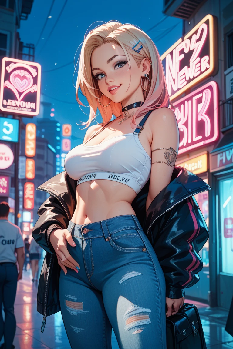 (topless), nsfw, masterpiece, magazine cover, 1 girl, erect nipples, las vegas, neon lights, nipples, high angle, intricately detailed, navel, necklace, holding smartphone, beautiful face, hotpants, smiling, extremely detailed, photorealistic, octane render, 8 k, unreal engine. hat, bare breasts, bare stomach, sweaty, detailed, cowboy shot, small breasts, puffy nipples, black belt, leg strap, hair ribbon, texts, sexy, shirtless, bare arms, hands on waist, pink hair, slim waist, petite body, night, outdoors, blue eyes, leaning forward, nipple chain