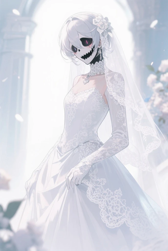 bones carving skin, bones, pale skin, bone hair ornament, monster girl, skeleton,, ultra detailed, masterpiece, best quality,, solo, soft smile, light smile,
1girl, blue eyes, very long hair, blonde hair, long blonde hair, french braid, bangs, medium breasts,, hair ribbon, frilled choker, criss-cross halter, sleeveless dress, high-waist skirt, backless dress, waist bow, detached sleeves, frilled sleeves, wide sleeves, pantyhose, patterned legwear, mary janes,