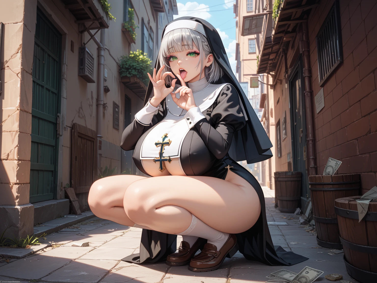((1 woman and 1 boy having sex, boy put his penis into girl's vagina)), girl moaning, girl cumming out, girl drooling, can see girl's bare breasts, girl show nipples, ((dynamic sex)), rough sex, open legs, There's cum dripping from her pussy and body, cum drip, no underwear, no bra, no panties, (Black dark eyeshadow, red lips, eye shadow, Heavy makeup, large breasts), seductive face, full blush, clear blush, (highres:1.2), ultra detailed, detailed face, detailed eyes, ((masterpiece)),(best quality),((very detailed)), ((cinematic lighting)), (dynamic angle), detailed lighting, (beautiful and delicate eyes), sweaty body, Mature and excited body, vibrant, Delicate and beautiful fingers, Detailed beautiful legs, windy, belly, lifted skirts, looking at viewer, Super Detail, Ultra-realistic body, Shiny skin, Glossy detailed hair texture,、excited face, (mature female, mature face, 30 years old), ((very long silver hair, pussy hair, moles under both eyes))、((Blue-silver eyes,thin eyebrows,Sexy nun,Sling black silk beautiful legs, bare breasts, pink nipples)), ((outdoors, a corner of city, a dreary place)), (metal chain on neck and wrists)