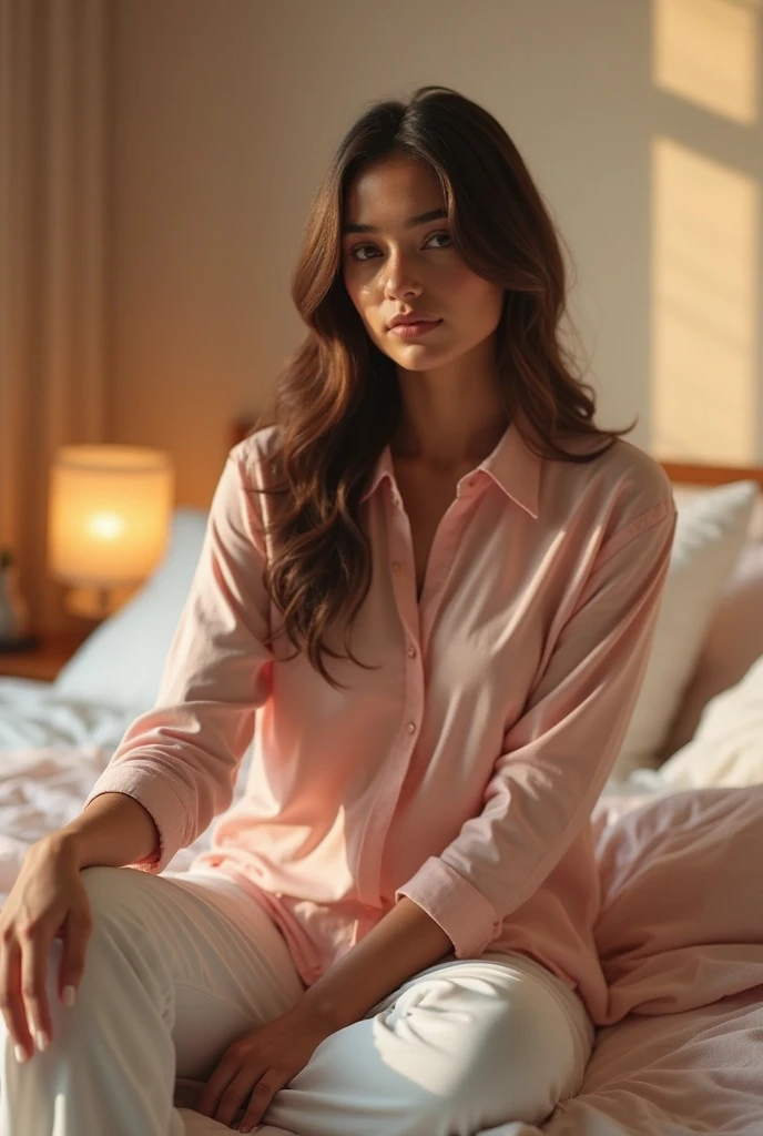 Pretty brunette woman , wake up of a bed confused in pijama 