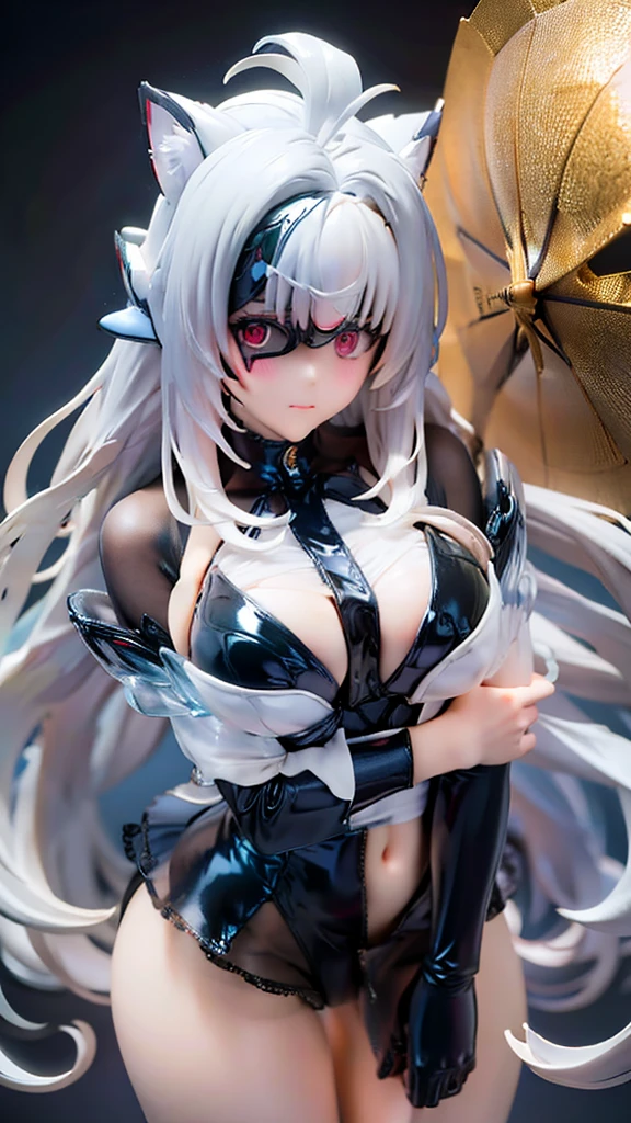 pvc revoltech,Clear blue eyes,Crying face,Cute,A sexy,kawaii girl, Constriction,big breasts thin waist,slimming slim big breasts,cleavage of the breast,Nipple protrusion,Transparency,Lace sheer bra,Shiny silver hair ponytail,Sheer shorts,Shoulder see-through,sheer vinyl miniskirt,Embarrassing pose,kept in a glass case,hobby,Crouching,