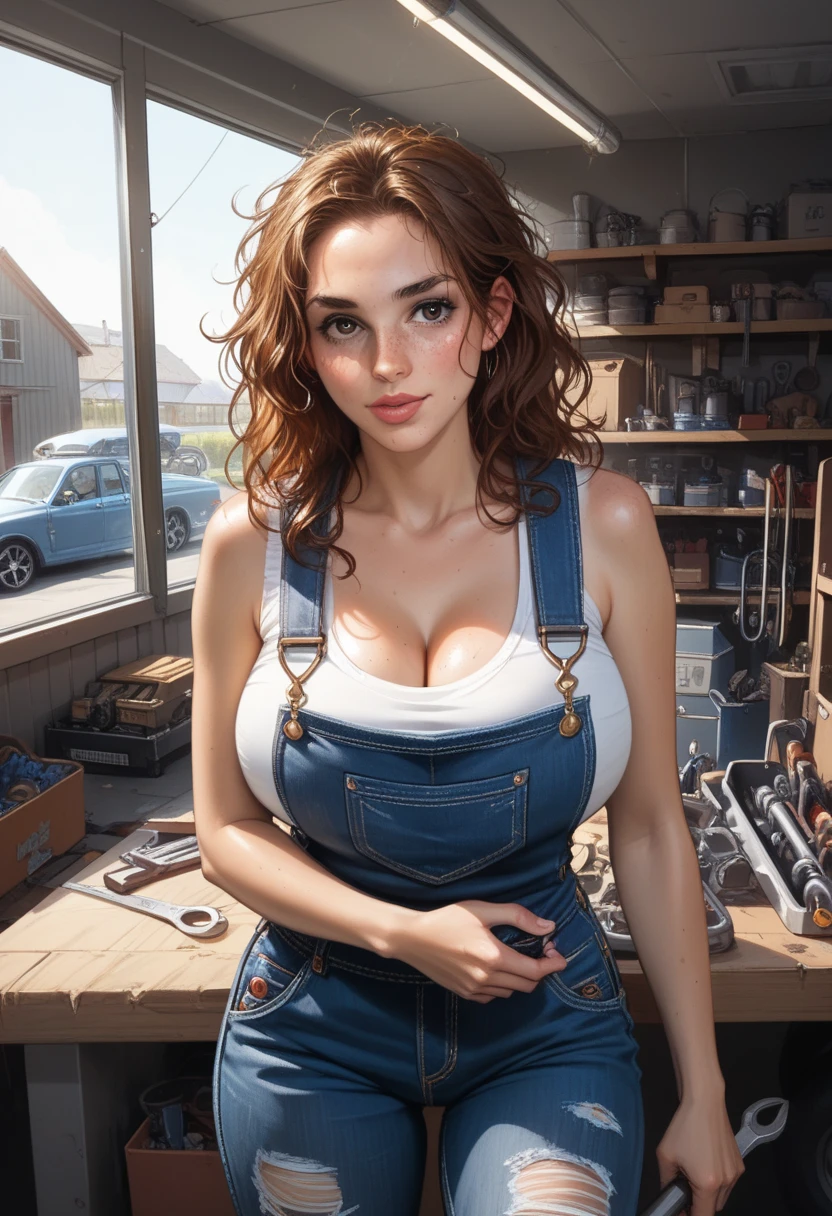 uma menina looking like emma stone wearring a ((dungarees)), ((emma stone face)) fat, corpo todo, standing on her feet, studio background,, maquiagem, mascara, Lips are soft or colored, fundo preto simples, minimalismo, pastel colors, Crisp drawings, silhuetas fluidas, Asymmetric, geometric, Simple and minimalist accessories, Designs diferentes, silhuetas simples, estilo simples, elegence, minimalismo, materiais de alta qualidade,, sexy, coxas grossas, pernas grossas, huge breast, sexy, Erotic, decote, Shy