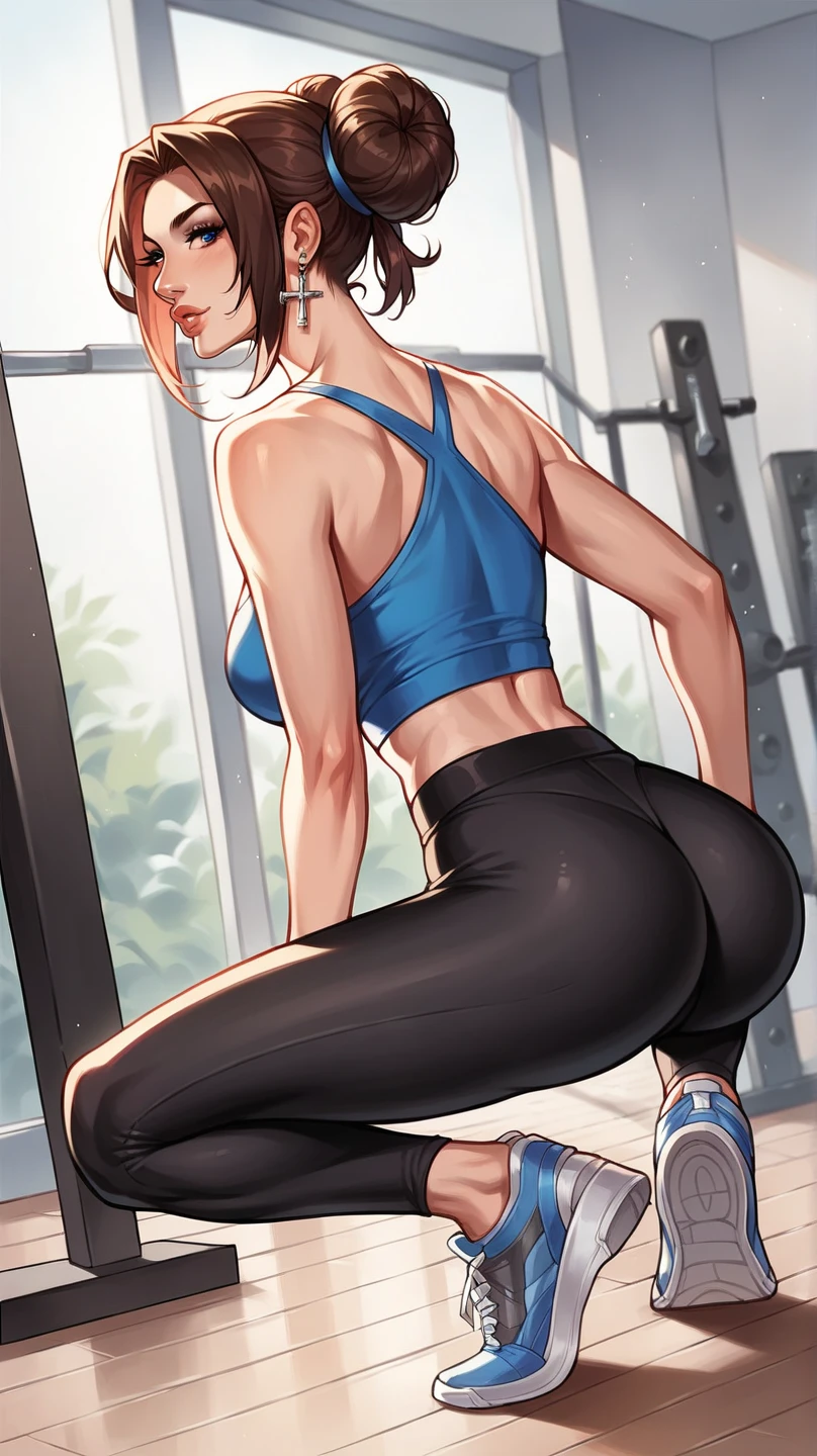 Female, Black hair, short messy hair, blue eyes, ears, nose, mouth, white teeth, tongue sticking out, medium breasts, fit, athletic figure, volleyball outfit, tight biker shorts, socks, shoe footwear, High quality, back of view, Wallaper, close up, pinup, standing upright, glancing back, nice ass, thing underwear pantyline