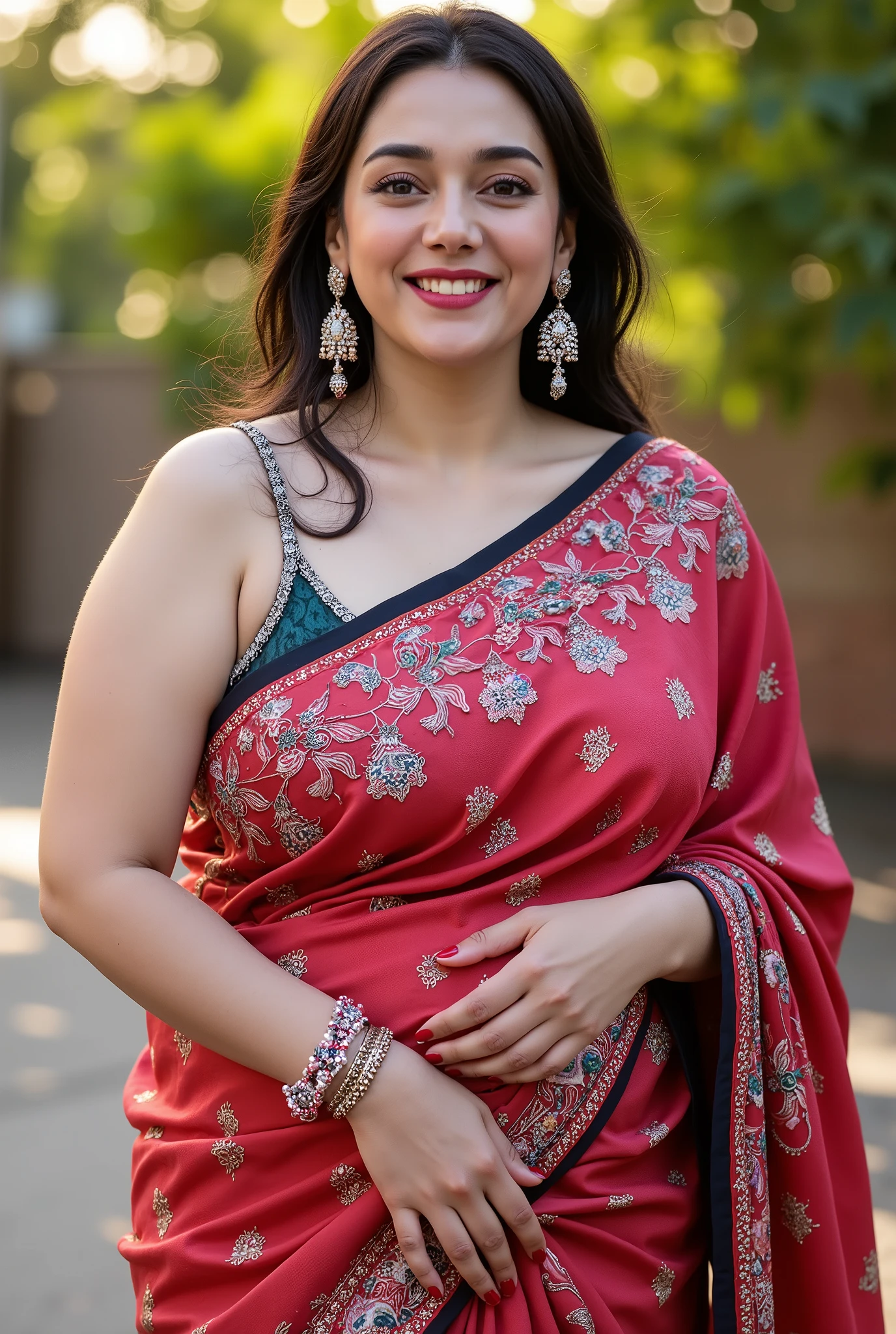 ((Best Quality)), ((Masterpiece)), (8K Ultra HD Photos), (Fully Perfect Body Details), (Detailed). (Realistic Photos) , A 40 Yrs Old ,Beautiful Indian Woman, plump muscle body , cleavage visible, curve sexy chest, (Desi Bhabhi and Horny Bhabhi). Wearing Sarees .Earings, Jewellery set, Design Hairstyles. Big and Huge Sagging , Perfect Two Hand, Long and Red Colour Nails Polish and Legs . Outdoors, Standing Straight, Seeing Frontend, Photos ,Very Happy ,Smiling Reactions.