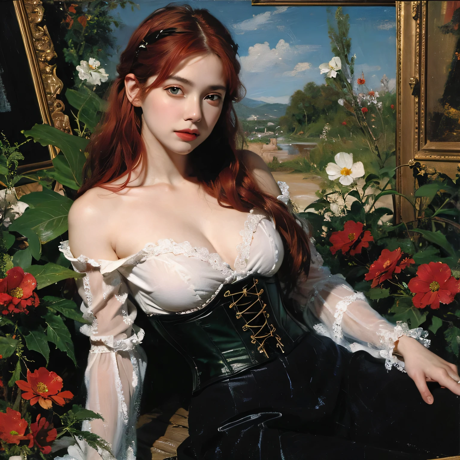A beautiful redheaded Asian young girl, intricate gothic black 1860's dress and corset, extremely long, smooth, extremely silky hair, very large breasts, detailed lingerie, many silver chains, moon light, dark gothic makeup, dramatic lighting, rich colors, extremely detailed, 1890s clothes, magical fantasy atmosphere, concept art, panorama, high resolution, Lengerie, detailed face with beautiful eyes and lips, photorealistic, fantasy, dark academia, 1890, dramatic lighting, rich colors, red hair, intricate details, dark girl, long very very very silky hair, lengerie elegant elf dress, very big tits, dense forest, no sunlight, detailed face and eyes,(best quality,4k,8k,highres,masterpiece:1.2),ultra-detailed, 1890 clothes (realistic,photorealistic,photo-realistic:1.37),magical fantasy atmosphere,fantasy,concept art