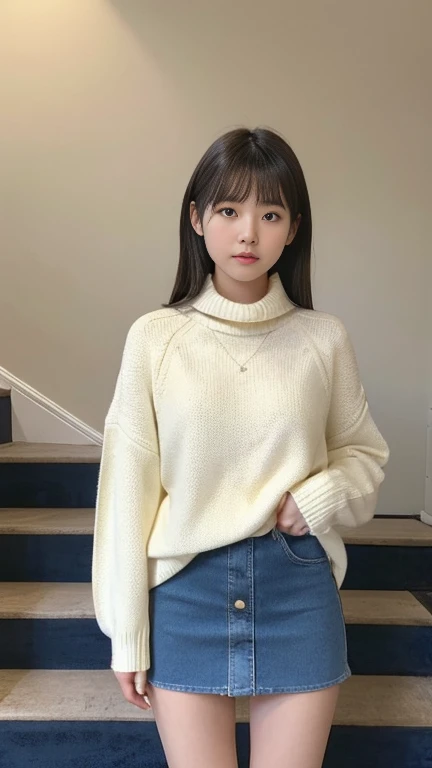 Beautiful girl wearing a cute sweater、15yo student、Calm face、inside in room、