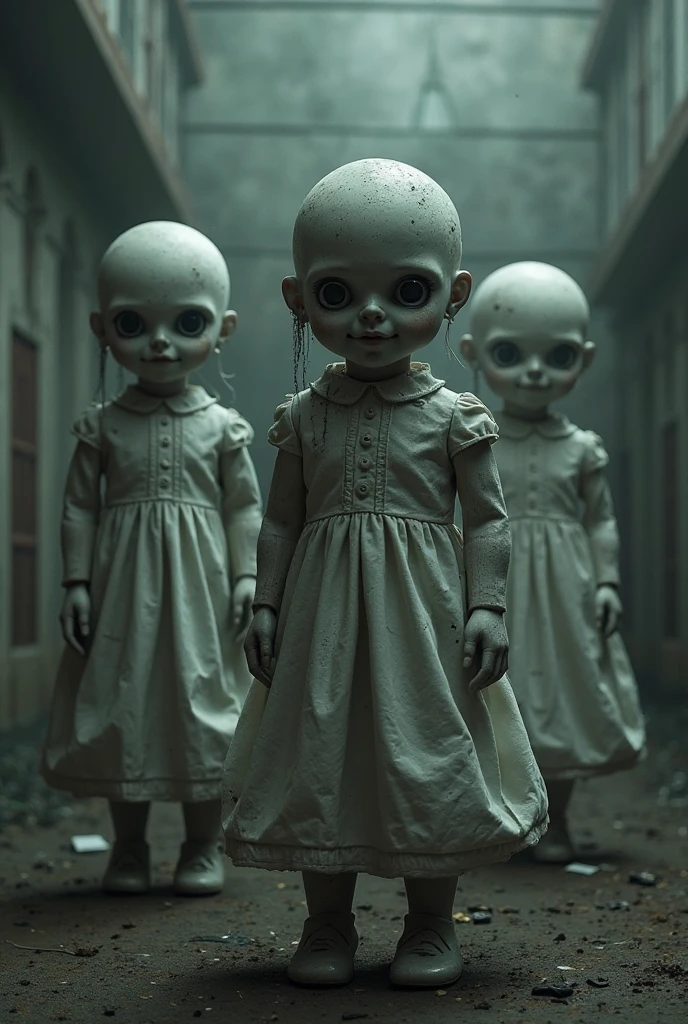 Best quality, masterpiece, two figures with balloon heads, wearing pastel-colored one-piece dresses, house front background, detailed skin expression, detailed image texture, grotesque, horror, creepy atmosphere (not AI image), cloudy weather, foggy