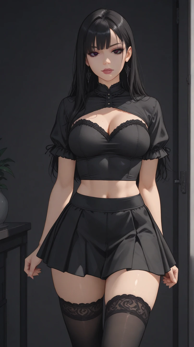 Masterpiece, highest quality, 8k, a woman in a black top and black skirt posing for a photo, black short skirt, wearing black silk, tied with a ball head, tied with a ball head, smooth tight clothing suit, sunny, wearing a low-cut vest, wearing a suspender vest, wearing a camisole in a vest, wearing a vest, wearing a white camisole vest, gorgeous young Korean woman in a crop top and sitting, office in the background, wearing black silk, wearing black silk