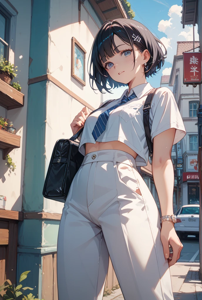 masterpiece, best quality, high resolution,
solo, 1girl, casual cloth, midriff, jean, belt, pouch, glasses, bare shoulders,