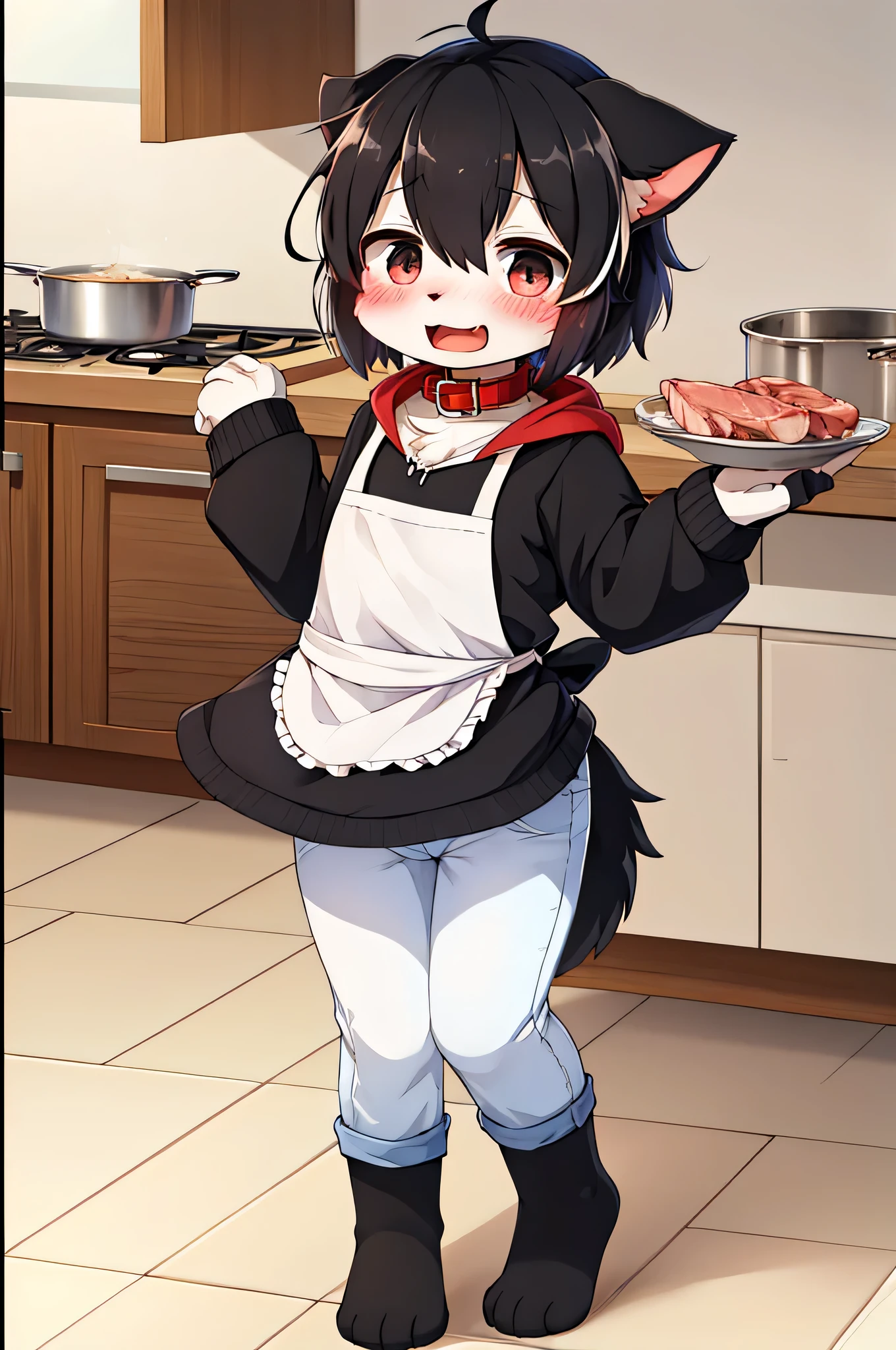 very detailedな, very detailed,Border collie fur ,,Black and white hair,male, excited to look at the bones ,Border collie fur , excited,Participation, cute face,黒色のnose,nose,Show me your legs ,Hornystand,maleの子, with semen,red collar on the floor,Cute ears ,apron,Cooking,vegetables,meat,Cooking ,fluffy earsもふもふの足,fluffy ears , Show me your legs , Show me a cat's hand , 手に red collar on the floorと紐を持っている, cute fur maleの子 , maleの子, stand,heart eye ,Horny maleの子 , Black Back , white background, blush nose , alone, droopy ears,jeans, white and black hoodie ,cool clothes