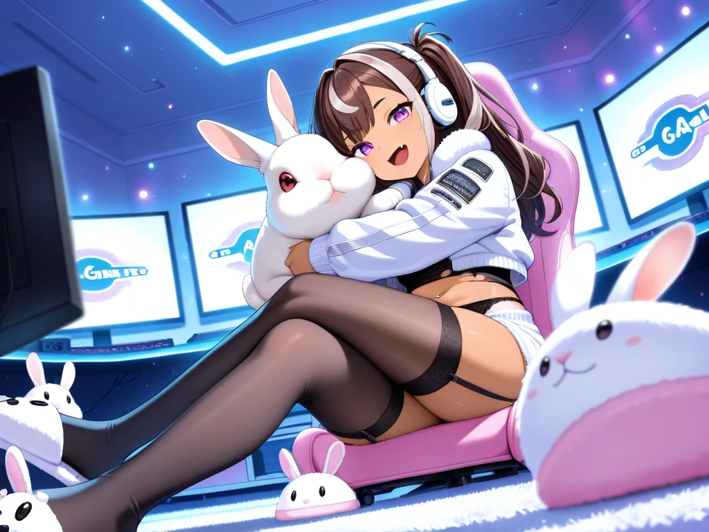 (:D:1.2),One girl. (masutepiece, of the highest quality, Kyoto Animation Style Illustration, of the highest quality, Official art, aesthetics, Beautiful details, :1. 2), BREAK, (17 years old girl), Very detailed, colourfull, highest details, BREAK, (medium breasts),(Orange Eyes:1.2),(girl, Cute, Graceful, Loli face,Pink hair,a short bob,tareme, gleaming skin, Hugging a stuffed rabbit, Playboy Bunny,(Suit Style, short suit skirt,long lace white gloves, Black cardigan:1.1), High socks with pink and yellow stripes,Pink Bunny Years Hair Band,BREAK,(Holding a mug),Coffee,(one eye closed), Waving hands,Smile,(closes mouth),Open legs,Strap panties visible,chair sitting sitting,Office Lady,Ponytail, Navy suit